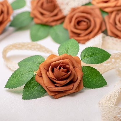 Mocoosy 50Pcs Burnt Orange Artificial Rose Flowers, Terracotta Fake Rose for Decorations, Real Touch Rust Foam Rose Bulk with Stem Wedding Floral Arrangement Bridal Shower Rustic Party Home Decor