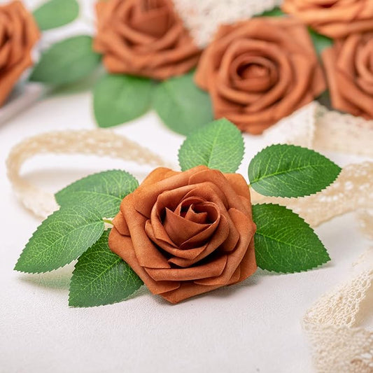 Mocoosy 50Pcs Burnt Orange Artificial Rose Flowers, Terracotta Fake Rose for Decorations, Real Touch Rust Foam Rose Bulk with Stem Wedding Floral Arrangement Bridal Shower Rustic Party Home Decor