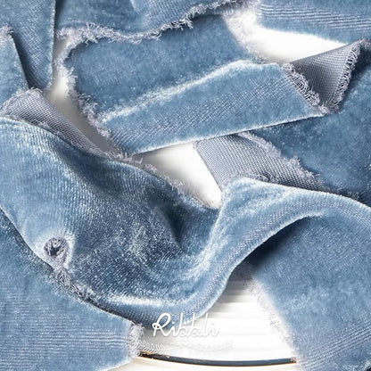 Ribbli Dusty Blue Velvet Ribbon 2 Inch Handmade Frayed Vintage Christmas Ribbon for Gift Wrapping Christmas Tree Ornament Wreath Craft Home Decor -3 Yards
