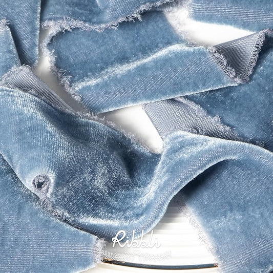 Ribbli Dusty Blue Velvet Ribbon 2 Inch Handmade Frayed Vintage Christmas Ribbon for Gift Wrapping Christmas Tree Ornament Wreath Craft Home Decor -3 Yards