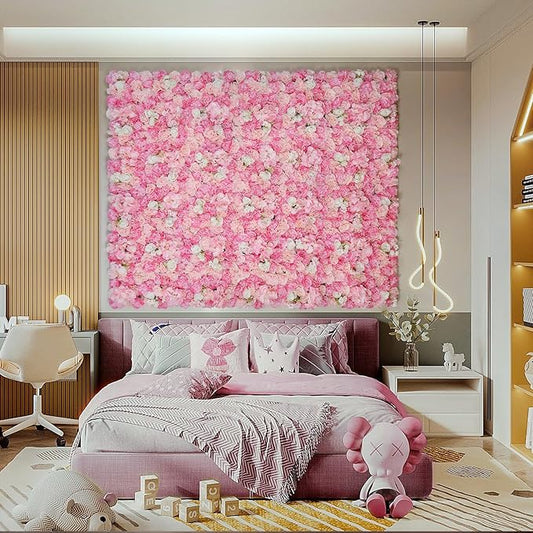 Artificial Flowers Wall Backdrop 16pcs 16.5x16.5 Inch Silk Rose Floral Wall Panel Decor Ideal for Wedding Celebrations, Festive Party Birthday Backdrops and Elegant Home Decor- Pink