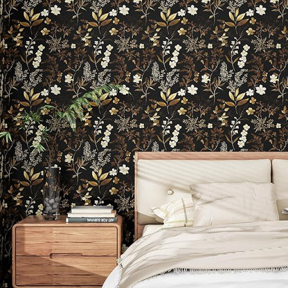 Vintage Leaf Wallpaper Peel and Stick Gold Leaf Contact Paper 17.4" x 393" Black Floral Waterproof Self-Adhesive Wall Covering for Bedroom Countertop Desk Cabinets