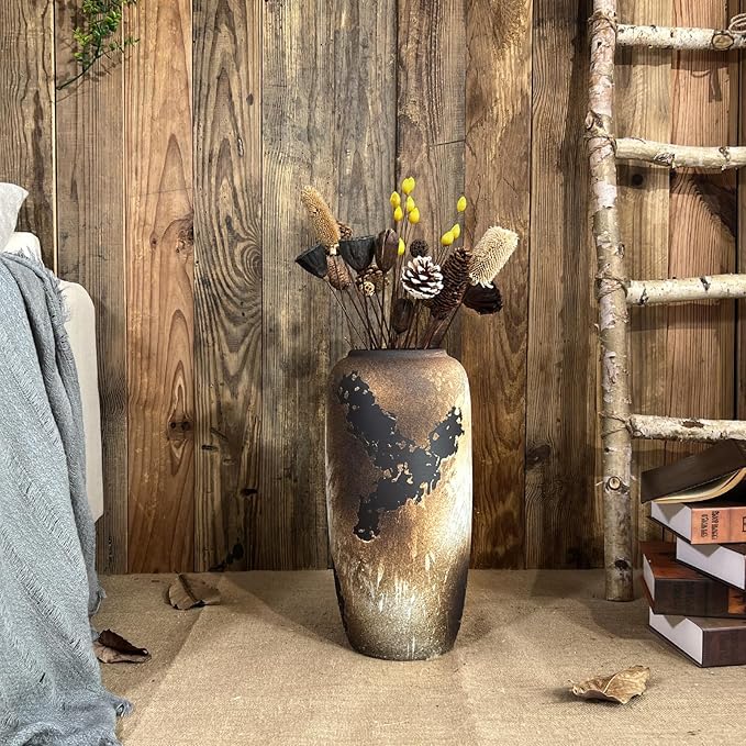Rustic Ceramic Tall Floor Vase,15.7 Inch Black Large Pottery Farmhouse Decor Floor Vase for Living Room Entryway Table Centerpiece Decor,Vintage Terracotta Vases,Wedding Gift