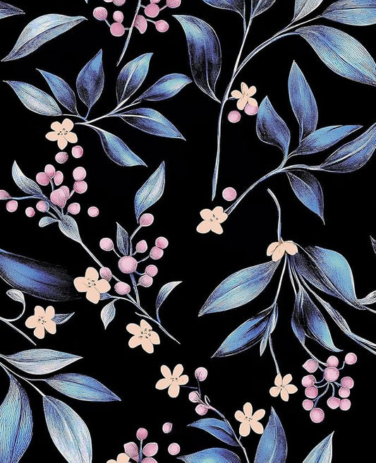 Dark Peel and Stick Wallpaper Vintage, Black Blue Leaf Removable Self-Adhesive Vinyl Contact Paper for Bathroom Bedroom Drawer Cabinet, Black Navy Gold Floral Design Retro Style 17.5" x 118"