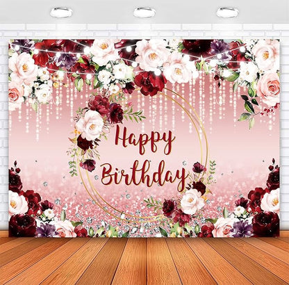 Sensfun Floral Happy Birthday Backdrop Burgundy Flowers Rose Gold Glitter Bokeh Spots Photo Background Vinyl Women Birthday Party Cake Table Decorations Photoshoot Banner (8x6ft)