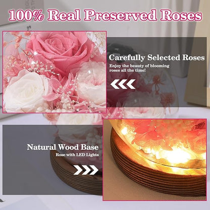 FIACO Valentines Gifts for Her Preserved Flowers in Glass Dome Long-Lasting Eternal Roses Birthday Gifts for Women Mom Grandma Wife Girlfriend Pink Forever Flowers for Delivery Prime