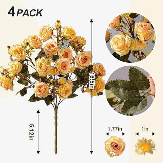 Artificial Rose Flowers for Outdoor 4 Bundles Rose Bouquet with Daisy Faux Flowers UV Resistant for Home Indoor Outside Garden Porch Window Box Balcony Yard Porch Fall Decor (Yellow)