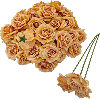 Artificial Satin Rose Flower Heads,48 Pcs Silk Rose Heads with Stems,3.3'' Rose Artificial Flowers Bulk,Artificial Rose Flower Heads for DIY Crafts Bouquet (48, Toffee)