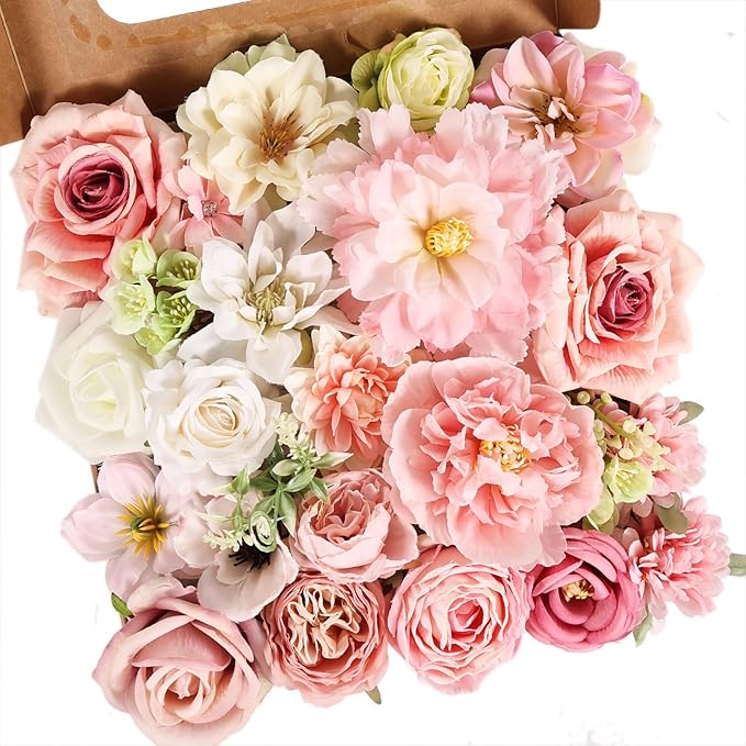Artificial Flowers Combo Pink Roses with Stems Bouquets Box Set Bridal Wedding Shower Decorations Fake Floral for Party Table Centerpieces Home Decor