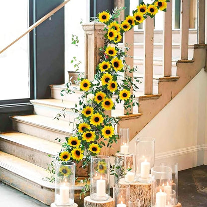 Uieke 12PCS Artificial Sunflower Garland, 7.5ft/Strand Silk Sunflowers Hanging Vines Flowers with Green Leaves for Room Kitchen Garden Birthday Wedding Baby Shower Party Table Decor Large