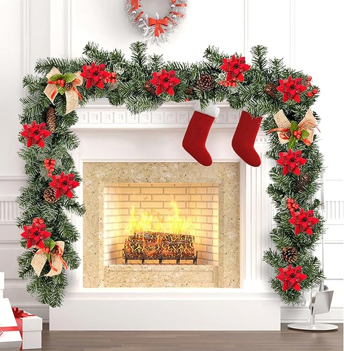 Zhuqing 15Pcs Christmas Poinsettia Artificial Flowers Decorations, Glitter Poinsettia Christmas Tree Ornaments,All Red Tree Flowers for Xmas/Party/Holiday/Wreath/Garland Decor, with Cilps, 5.5 Inch