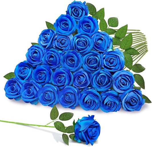 22 Pcs Artificial Roses - Realistic Velvet Flowers with Stems, Bulk Faux Roses for Home Wedding Party Decor (Blue)