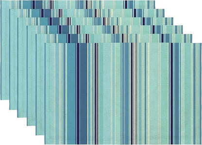 LilyCat Linen Fabric Blue Stripes Placemats, Durable Boho Dining Table Mats for Kitchen, Rustic Vintage Washable Place Mats Set of 6, 18’’× 12’’