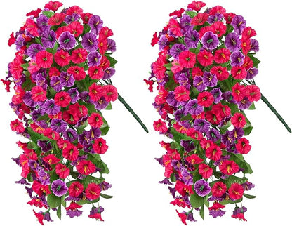 Artificial Fake Hanging Flowers Plants for Outdoor Spring Summer Decoration, 2PCS Faux Silk Morning Glory Long Vines Stems UV Resistant Look Real for Outside Home Porch Patio, Hot Pink Purple