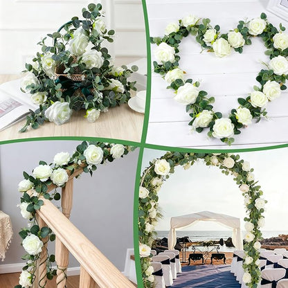 6FT Artificial Eucalyptus Garland with 14 Fake White Rose Flowers - Floral Greenery Decoration Vine for Runner, Backdrop, Arch Wall Decor,Indoor/Outdoor, (1 PCS)