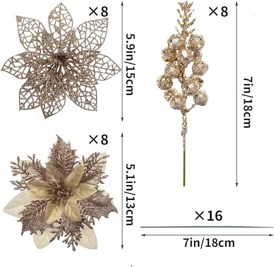 24Pcs Christmas Poinsettia Artificial Flowers and Glitter Berries Kit, 2 Styles Total 16Pcs Christmas Tree Flowers Ornaments, 8Pcs Christmas Tree Picks for Wedding Holiday Decorations, Champagne