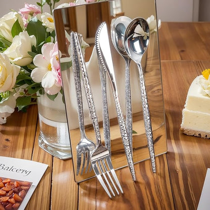 Rubtlamp 90Pcs Christmas Silver Plastic Silverware, Hammered Christmas Disposable Silverware,Silver Plastic Forks And Spoons, Fancy Plastic Cultery Include 30 Forks, 30 Knives And 30 Spoons for Party