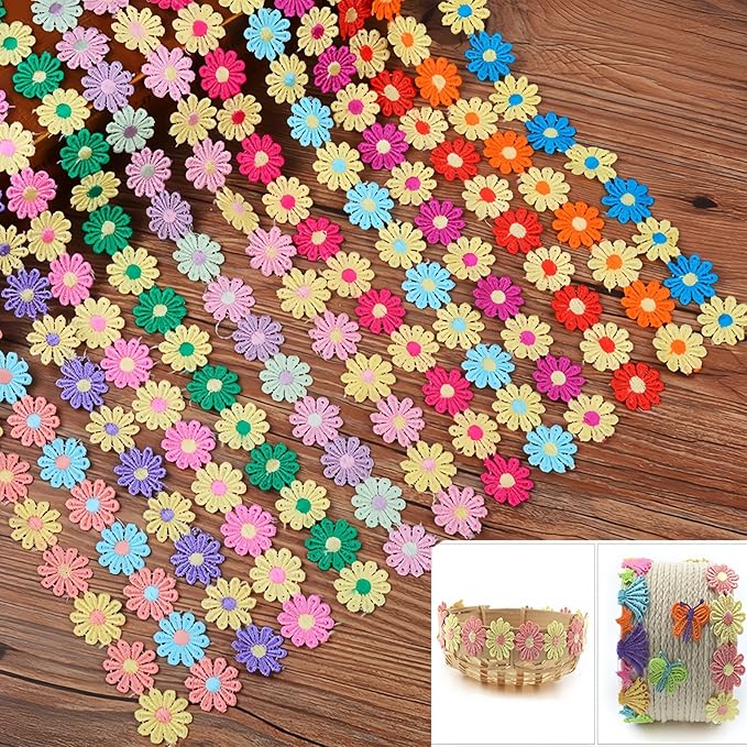 15 Yards Daisy Flower Lace Trim Embroidered Floral Lace Sewing Trim Ribbons for Embellishment Craft Dress Hair Accessories Decorations(Rainbow)