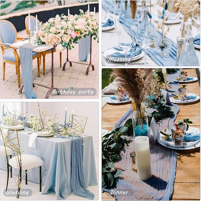 12 Pack 10Ft Cheesecloth Table Runner 35x120 Inch Boho Gauze Table Runner Rustic Cheese Cloth Long Romantic Table Runners for Wedding Bridal Shower Birthday Party Table Decor (Dusty Blue)