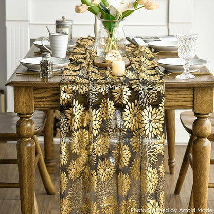 Artoid Mode 3PCS Black Gold Dahlia Flower Gauze Table Runner 120 Inch 10FT, Glitter Metallic Foil Seasonal Sheer Dining Holiday Table Decor for Home Party