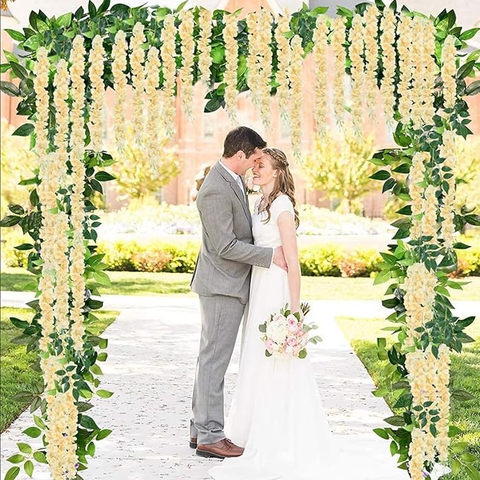 24 Pack Champagne Wisteria Hanging Flowers Garland, 3.77 Feet Artificial Flower Vines, Fake Wisteria, Artificial Vines Hanging Garland for Backdrop Outdoor Yard Garden Decor