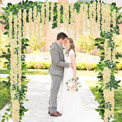 24 Pack Champagne Wisteria Hanging Flowers Garland, 3.77 Feet Artificial Flower Vines, Fake Wisteria, Artificial Vines Hanging Garland for Backdrop Outdoor Yard Garden Decor