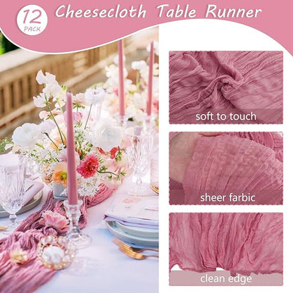 12 Pack 10Ft Cheesecloth Table Runner 35x120 Inch Boho Gauze Table Runner Rustic Cheese Cloth Long Romantic Table Runners for Wedding Bridal Shower Birthday Party Table Decor (Dusty Rose)