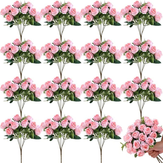 Zeyune 16 Bunches 12 Inch Artificial Mini Rose Bouquet 160 Heads Bridal Flower Bouquets Fake Silk Rose Bulk for Wedding Bridal Shower Christmas Home Office Garden Decoration(Light Pink)