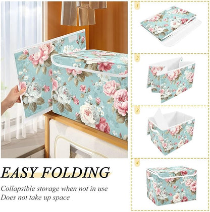 susiyo Cute Floral Pattern Storage Bins with Lids and Carrying Handle Foldable Storage Boxes Organizer Containers Baskets Cube Shelf organizers for Clothes Toys Office