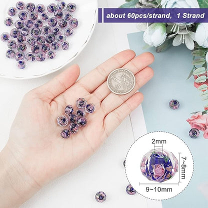PH PandaHall 60pcs 8~10mm Midnight Blue Rose Lampwork Beads Gold Sand Glass Beads 2mm Hole Flower Glass Beads Floral Handmade Lampwork Beads Round Loose Beads for Rosary Making Jewelry Craft Making