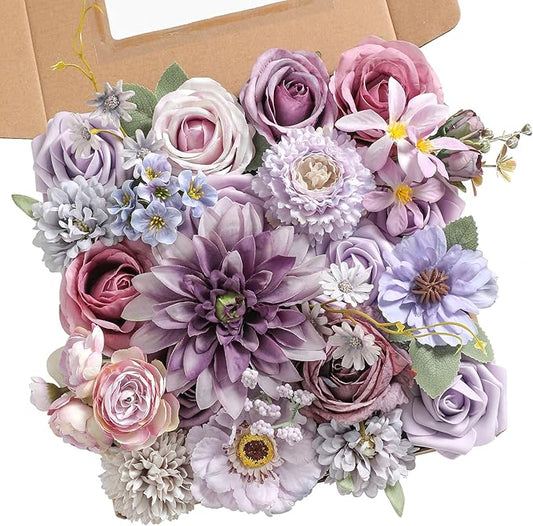 Purple Artificial Flowers Combo Box Set Silk Flowers Fake Rose for DIY Floral Arrangements Wedding Bouquets Centerpieces Baby Shower Party Home Decorations