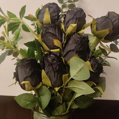 Artificial Roses 10 Pcs - Lifelike Single Stem Fake Roses with Natural Petal Texture,Fade-Resistant Silk Flowers for Wedding Decor,Home Vase Arrangements,Party Centerpieces(10, Black)