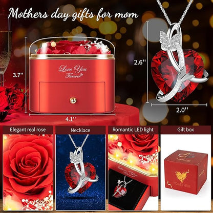 Preserved Red Real Rose with Necklace Jewelry Box -Eternal Flowers Rose Gifts for Grandma Wife Girlfriend on Valentines Mothers Day Christmas Birthday Anniversary Romantic Gifts for Her