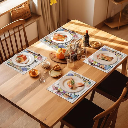 Wooden Flower Love Placemats Set of 4, Linen Place Mats Heat Resistant Non-Slip Washable Table Mats for Dining Kitchen Party Decor 12"x18"