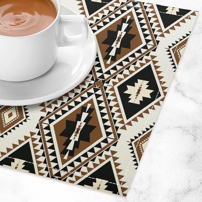 Aztec Placemats Set of 4 American Native Tribal Abstract Geometric Art Printed Dining Table Mats for Restaurant Home Kitchen Holiday Decor 12x18in