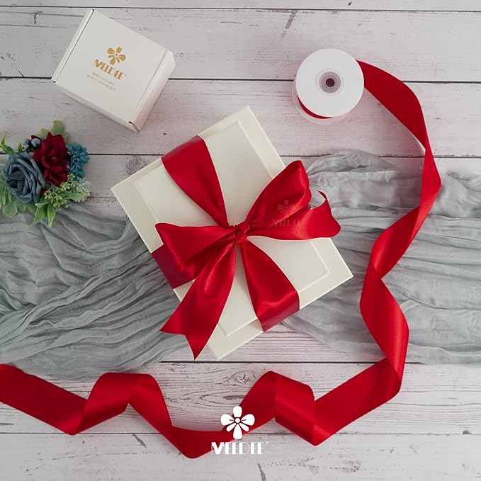 MEEDEE Red Satin Ribbon 2 Inch Red Ribbon Lux Double Faced Ribbons by 25 Yards Silk Satin Ribbons for Gift Wrapping, DIY Crafts, Weddings, Flower Bouquet, Holiday Decorating
