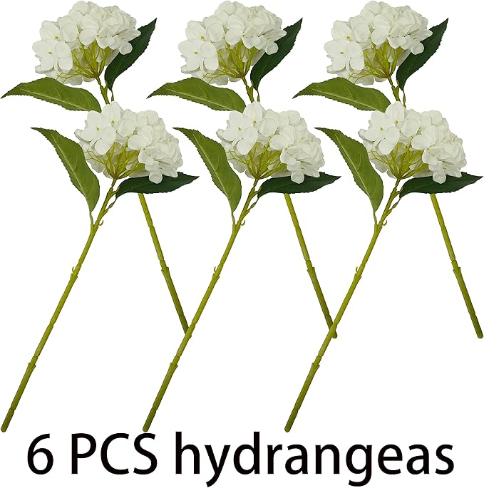 White Hydrangea Artificial Flowers,6 Pcs Faux Artificial Hydrangeas Flowers with Stems,Fake Silk Hydrangeas Flowers with Stems for Home Decor (6, White)
