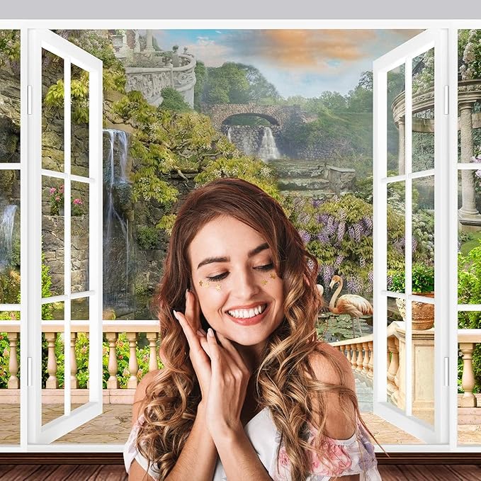 Window Scenery Backdrop White Windowsill Floral Garden Green Forest Natural Rock Stone Photography Background Garden Style Family Union Party Banner Wall Decor Photo Shoot Booth Props 12x8ft