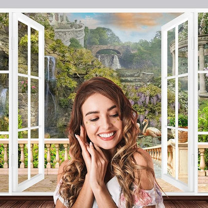 Window Scenery Backdrop White Windowsill Floral Garden Green Forest Natural Rock Stone Photography Background Garden Style Family Union Party Banner Wall Decor Photo Shoot Booth Props 12x8ft