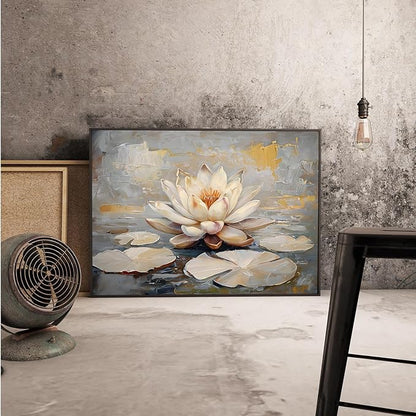 Ethereal white lotus floating on Crystal Waters poster vintage oil painting printwall art soft blush and gold accents serene home and office decor dreamy 24x36in Metal blackFramed
