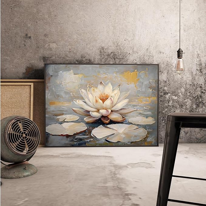 Ethereal white lotus floating on Crystal Waters poster vintage oil painting printwall art soft blush and gold accents serene home and office decor dreamy 20x30in Metal blackFramed