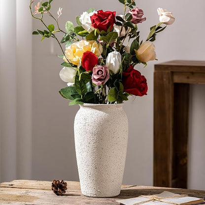 Rustic Farmhouse Flower Large Ceramic Vase, Vintage Pampas Grass Vase, White Modern Decorative Ceramic Flower Vase for Home Decor, Table, Living Room Decoration, Shelf Decor, Mantel, 9.8 Inch