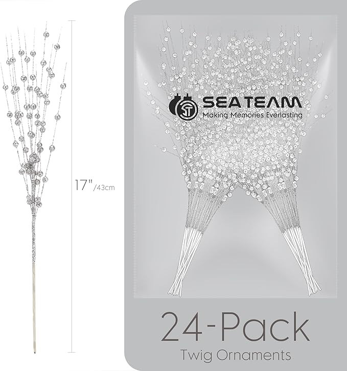 Sea Team 24-Pack Artificial Glitter Berry Stem Ornaments, Decorative Bead Sticks, Glittery Twigs, Picks, Branches for Christmas Tree, Small Vase, Holiday, Wedding, Party (17 Inches, Silver)