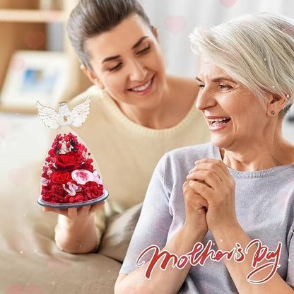 FIACO Gifts for Women Preserved Rose Forever Flower in Glass Angel Figurine Fresh Flowers for Delivery Mothers Day Birthday Gifts for Mom Grandma Wife Sister Red