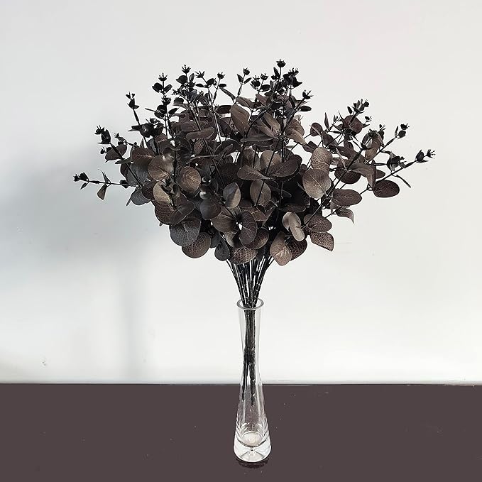 19" Faux Flowers Artificial Silk Silver Dollar Eucalyptus Stems Fake Plant for Vase Home Wedding Decor 3 Pcs (Black)