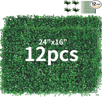 12 Pieces 24"x 16" Artificial Boxwood Panel, Grass Wall Panel, Boxwood Hedge Wall Panels UV Protected Suitable for Artificial Green Wall Decor, Fence Garden Wedding Backyard Decor