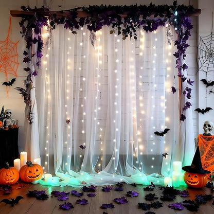 10x10ft White Tulle Backdrop Curtain with Lights String for Parites, Sheer Backdrop Curtains for Wedding Baby Shower Birthday Party Photo Shoot Decorations