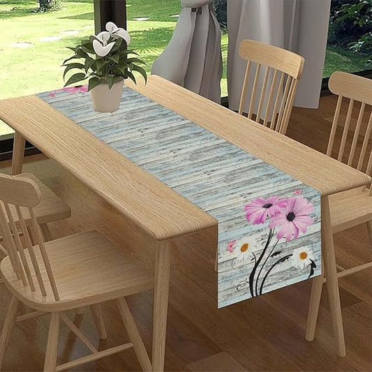 Farmhouse Table Runner, Abstract Daisy Flower Rustic Old Wood Farmhouse Print Table Runner for Home Indoor Outdoor Party Wedding Decor 13x90 inch