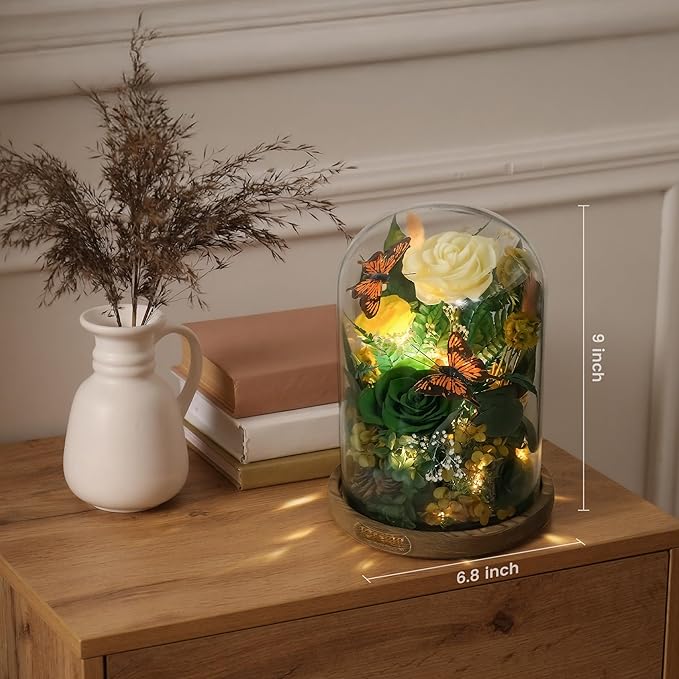 NOVEINN Preserved Flowers in Glass Dome - Eternal Rose Arrangement with Real Preserved Plants, Romantic Forever Rose Gift for Women - Anniversary, Birthday, Mother’s Day, Home Decor(Yellow)
