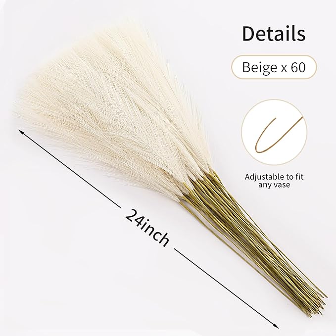 Faux Beige Pampas Grass - 60pcs 24 Inch Boho Home Decor, Artificial pompas Floral, Small Fake Pompous Grass for Table Centerpieces, Wedding and Baby Shower Decorations (Beige, 60 Pieces)